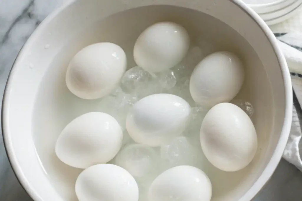 Hard-boiled eggs cooling in an ice bath to stop cooking