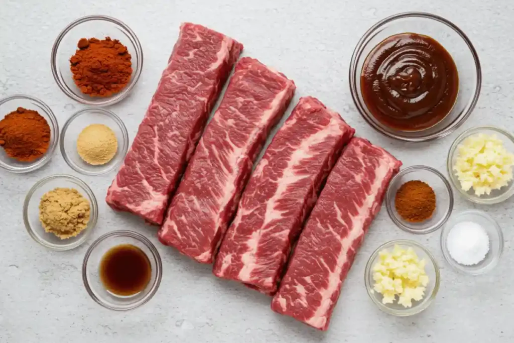 Ingredients for flanken style ribs including spices, BBQ sauce, and beef ribs