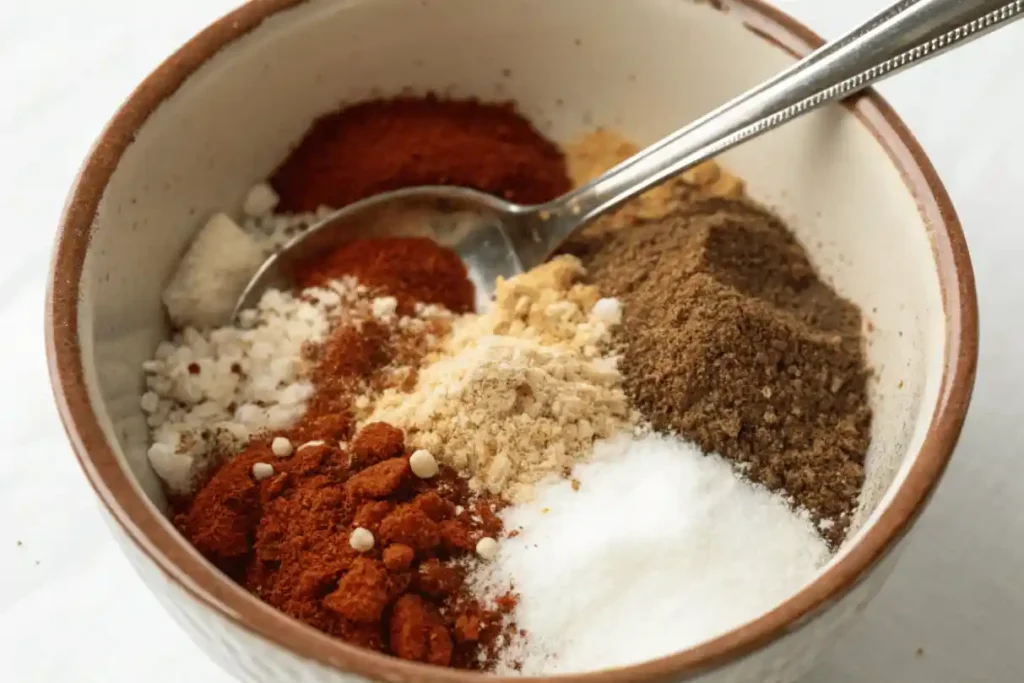 Top view of dry spice blend for flanken style ribs in a ceramic bowl with a spoon