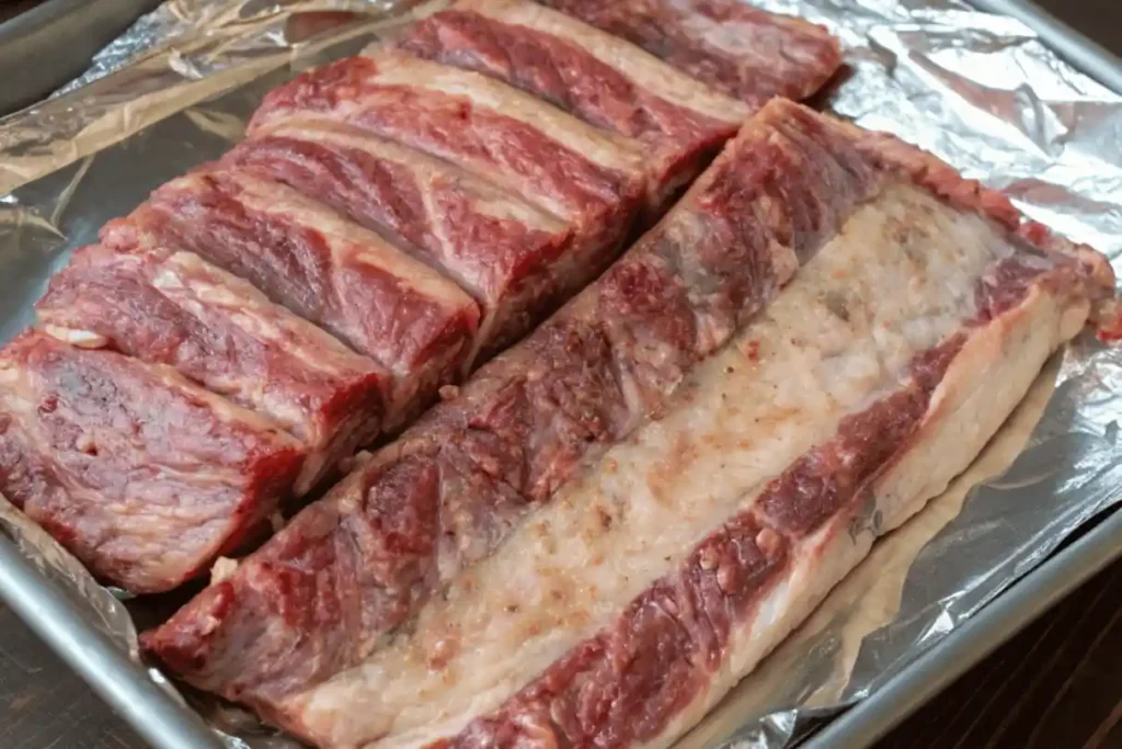 Uncooked flanken style ribs arranged on foil-lined baking sheet before seasoning