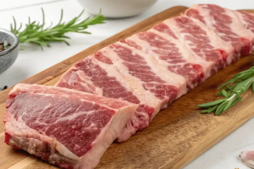 Raw flanken style ribs with visible bone and marbling on a butcher board
