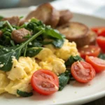 Close-up of scrambled eggs with sausage, and cherry tomatoes