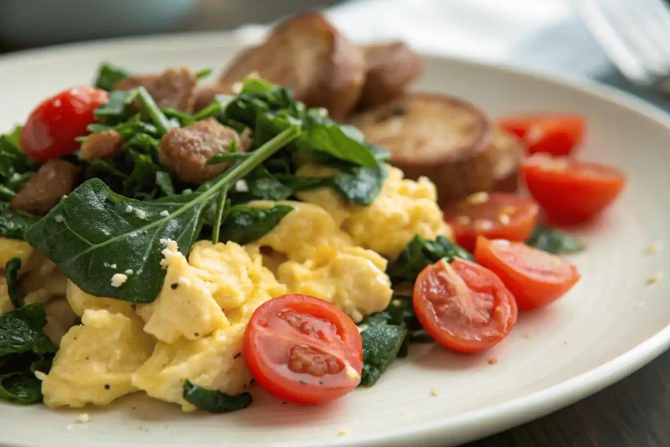 Close-up of scrambled eggs with sausage, and cherry tomatoes