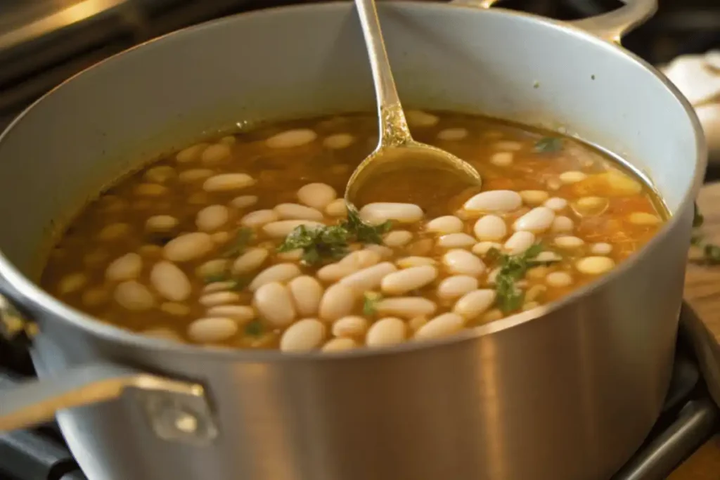 Pot of Mayocoba bean soup simmering with herbs and a ladle stirring the broth