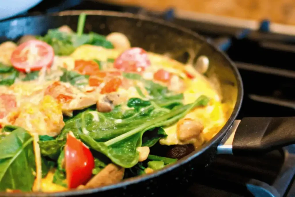 Scrambled eggs with spinach, tomatoes, and mushrooms cooking in a skillet