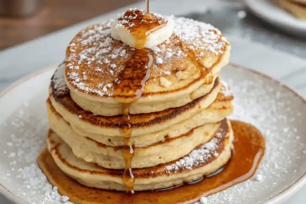 Buckwheat pancakes topped with butter and syrup on a plate