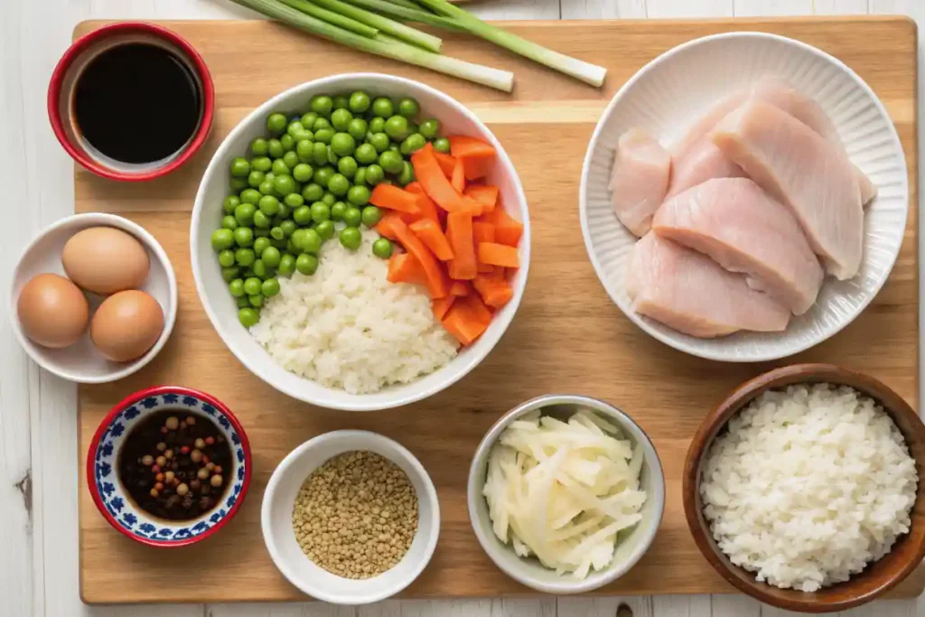 Fresh ingredients for tofu cauliflower stir fry rice on a wooden board