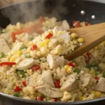 Tofu cauliflower stir fry rice with vegetables and chicken in skillet