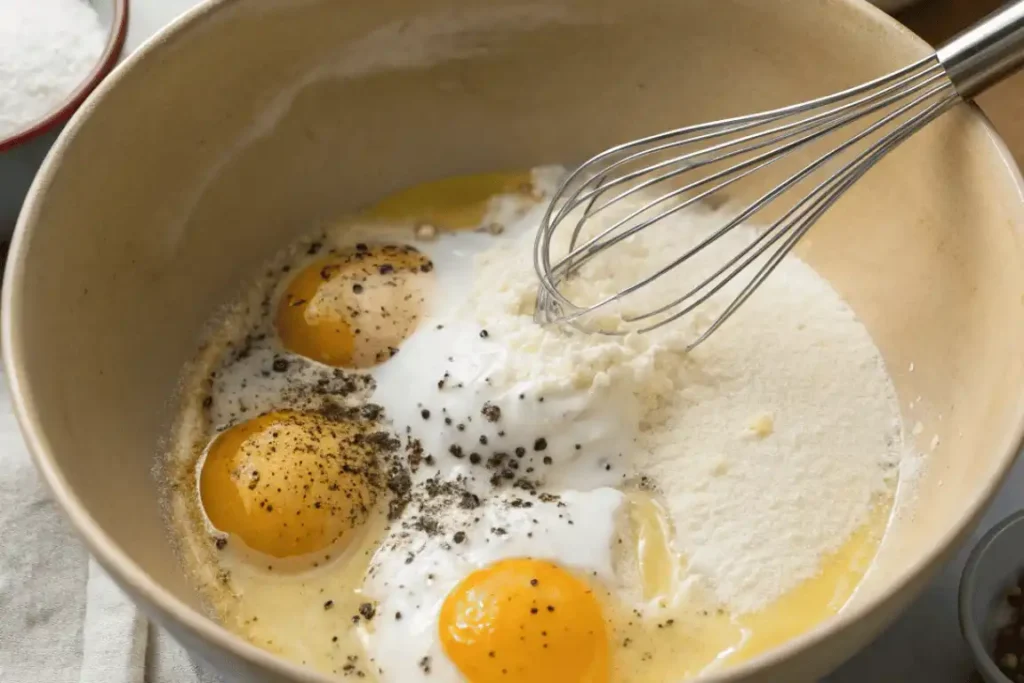 Eggs, milk, seasoning, and cheese in a bowl with a whisk