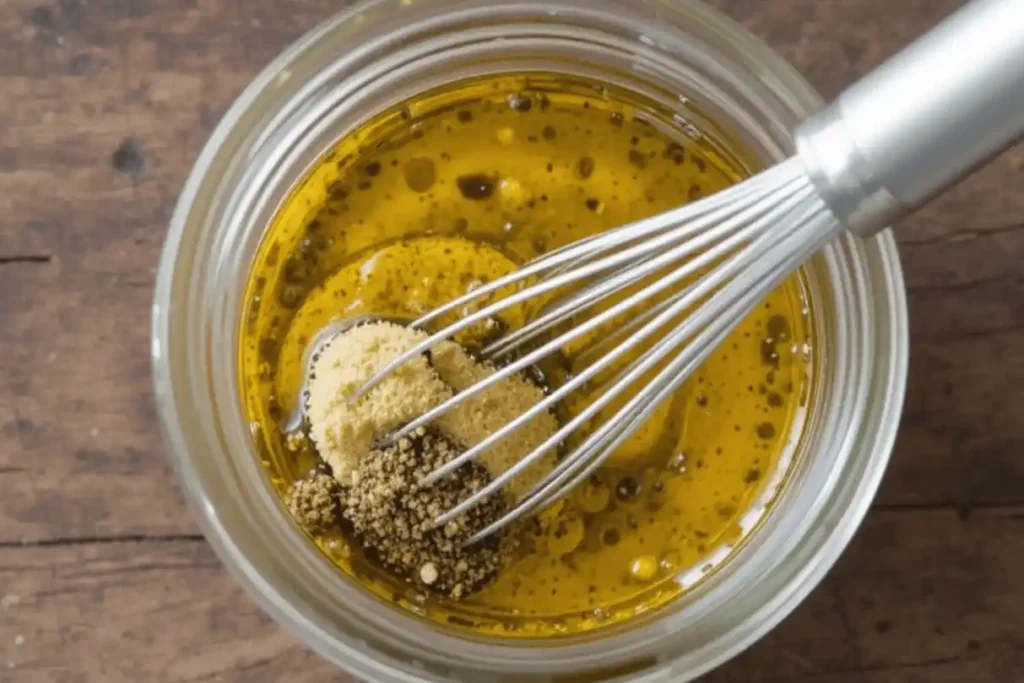 omemade olive oil dressing for chef salad with Dijon, vinegar, and spices