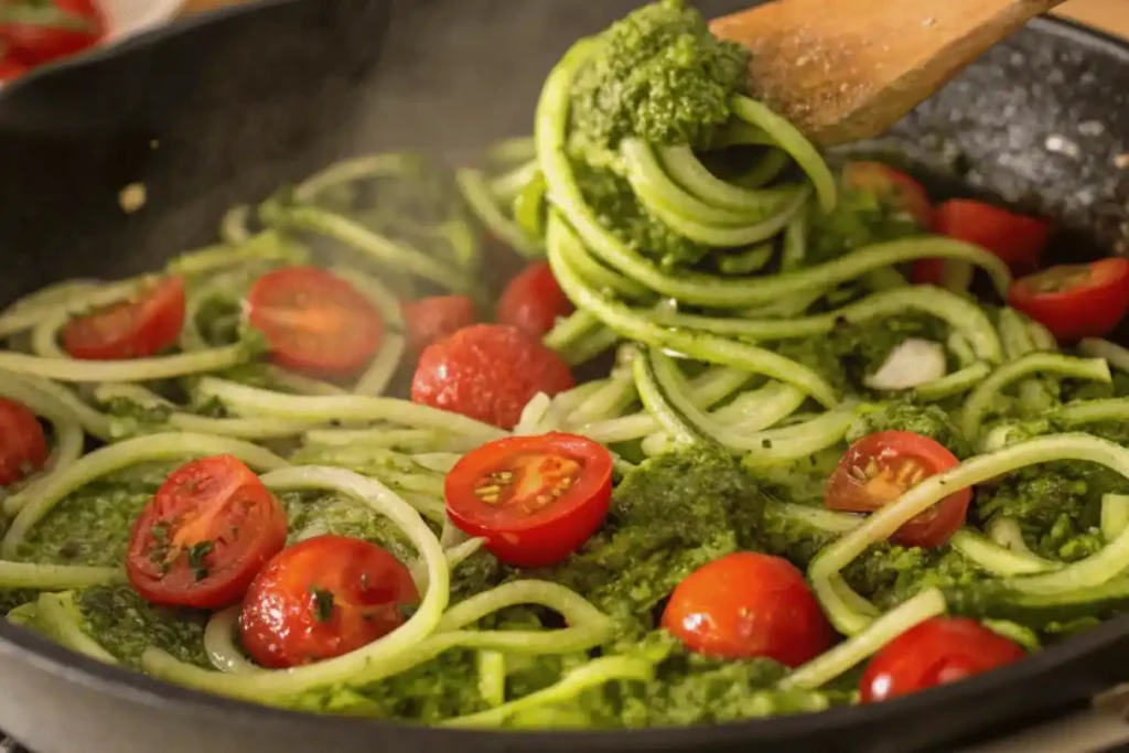 Zucchini noodles tossed with pesto sauce and cherry tomatoes in skillet
