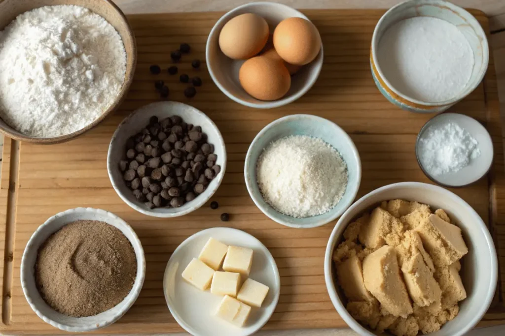 Ingredients for chocolate chip cookie recipe on kitchen counter