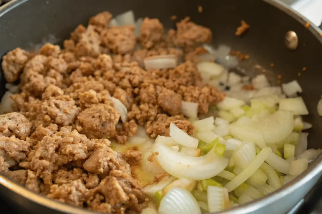 Browning ground turkey with onions and garlic in a pot