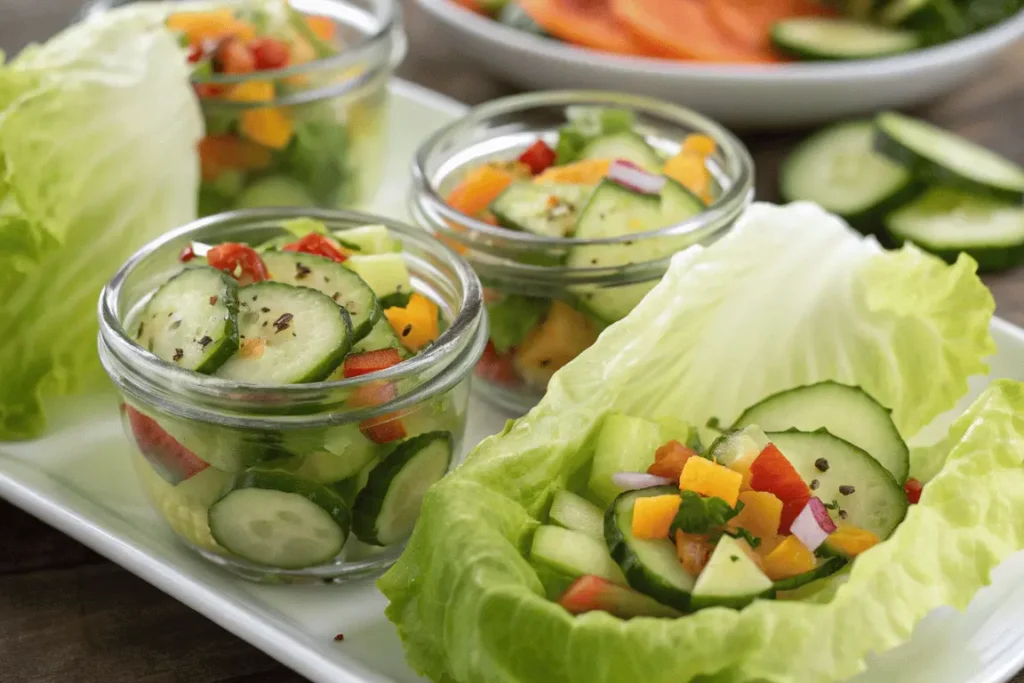 Cucumber salad in lettuce cups and jars
