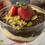 Dubai chocolate strawberries layered with saffron cream and pistachios in a luxury dessert glass