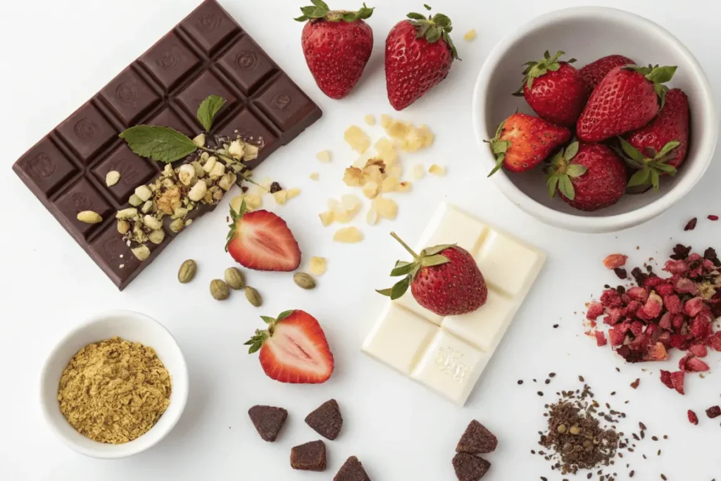Ingredients for Dubai chocolate strawberries including couverture chocolate, strawberries, saffron, and pistachios