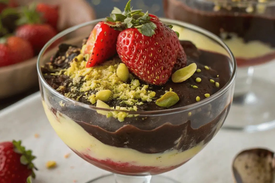Dubai chocolate strawberries layered with saffron cream and pistachios in a luxury dessert glass