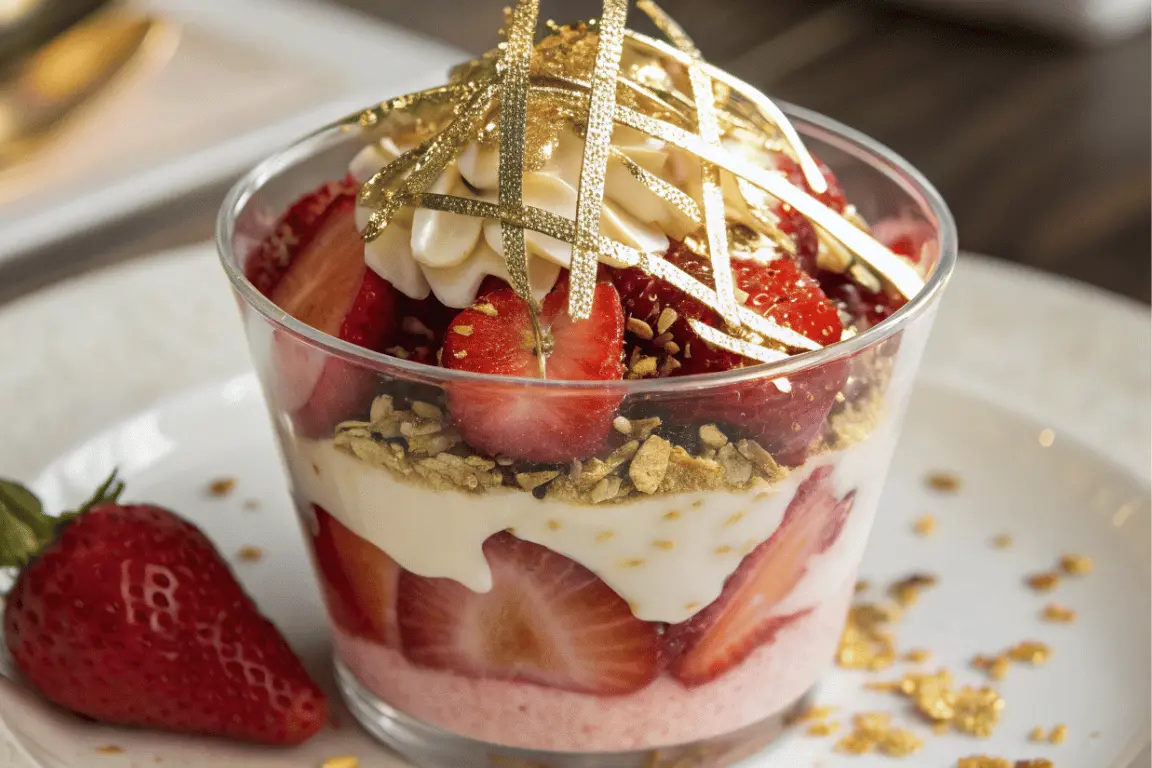 Dubai Strawberry Cup with gold leaf and chocolate drizzle