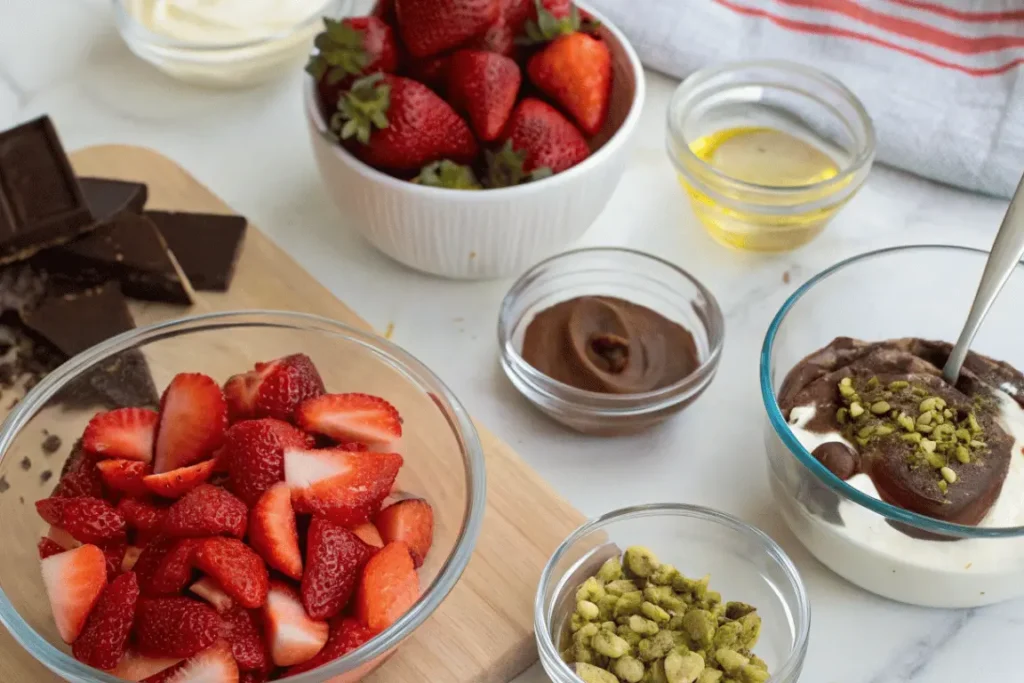 Step-by-step making of Dubai chocolate strawberries in layered dessert glasses