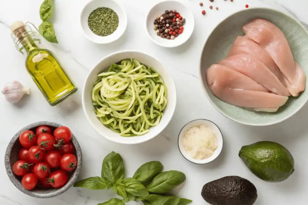 Ingredients for zucchini noodles with chicken and pesto on white background