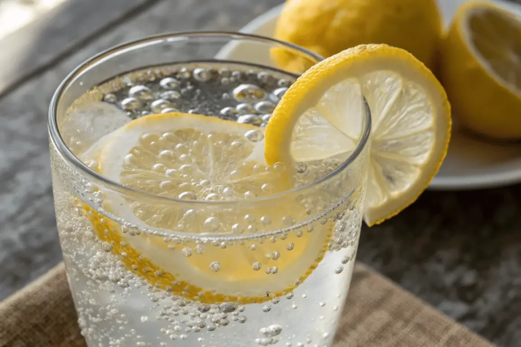 close-up of a refreshing Mounjaro drink made with baking soda, lemon, and salt