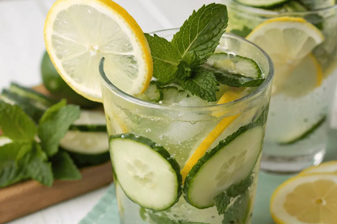 Natural Mounjaro recipe drink in glass with cucumber and lemon
