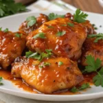 Orange marmalade chicken on white plate with sticky glaze