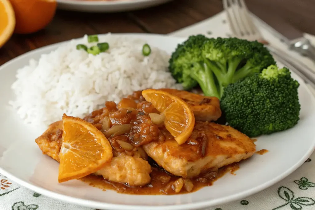 Orange marmalade chicken served with rice and broccoli