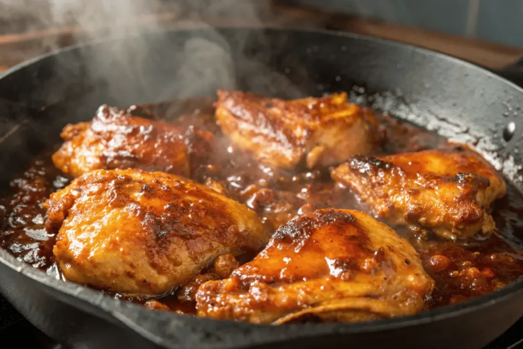 Orange marmalade chicken cooking in skillet