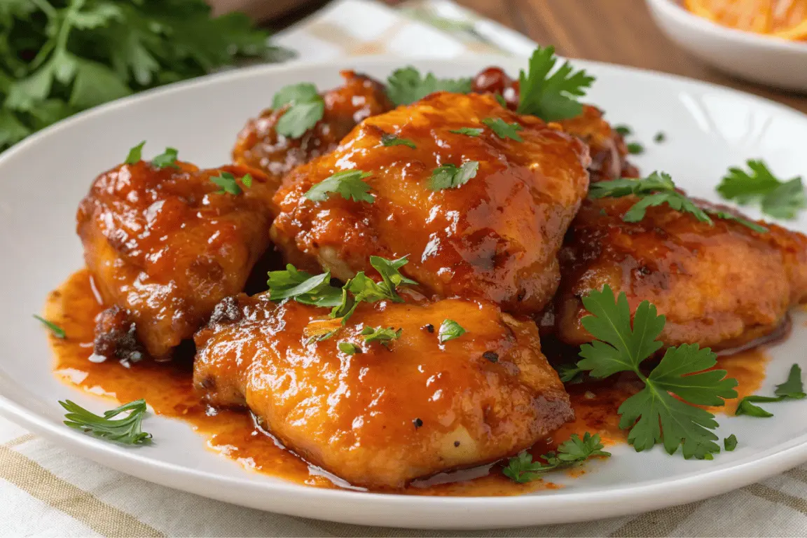 Orange marmalade chicken on white plate with sticky glaze