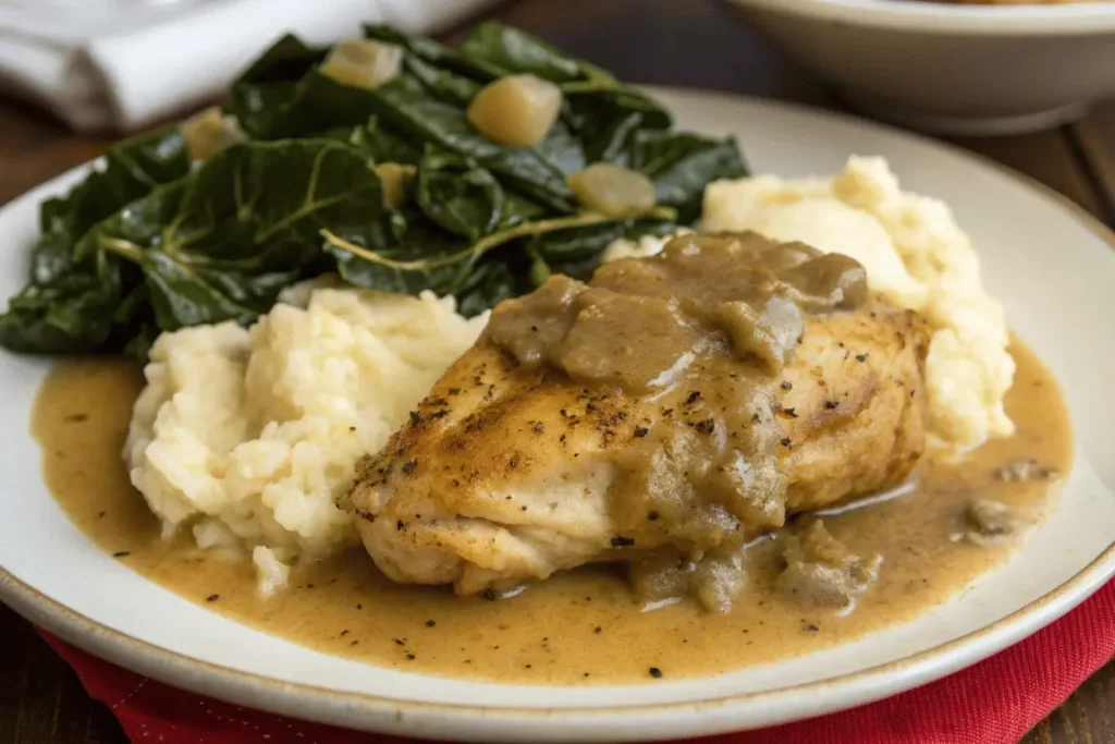Smothered chicken served with mashed potatoes and greens
