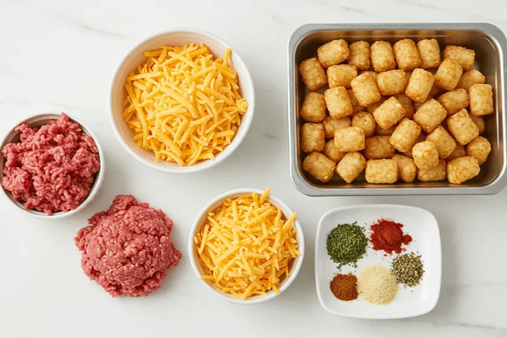 Tater Tot Casserole ingredients prepared on a kitchen counter