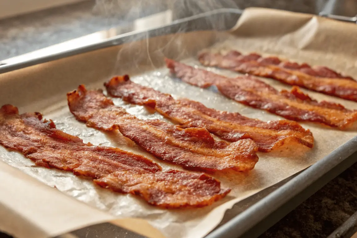 Crispy turkey bacon in oven on baking sheet