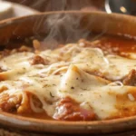 Close-up of hearty turkey lasagna soup topped with cheese