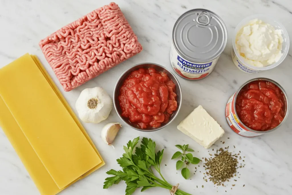 Raw ingredients for turkey lasagna soup laid out neatly
