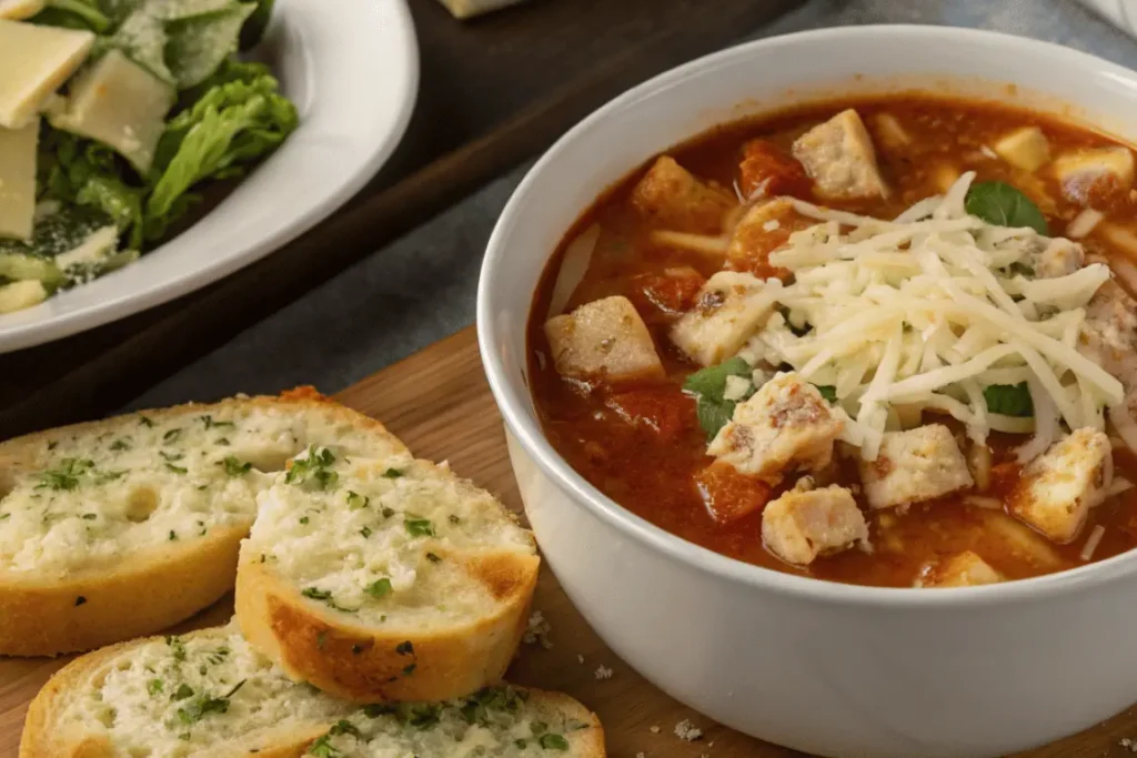 Turkey lasagna soup with salad, garlic bread, and red wine