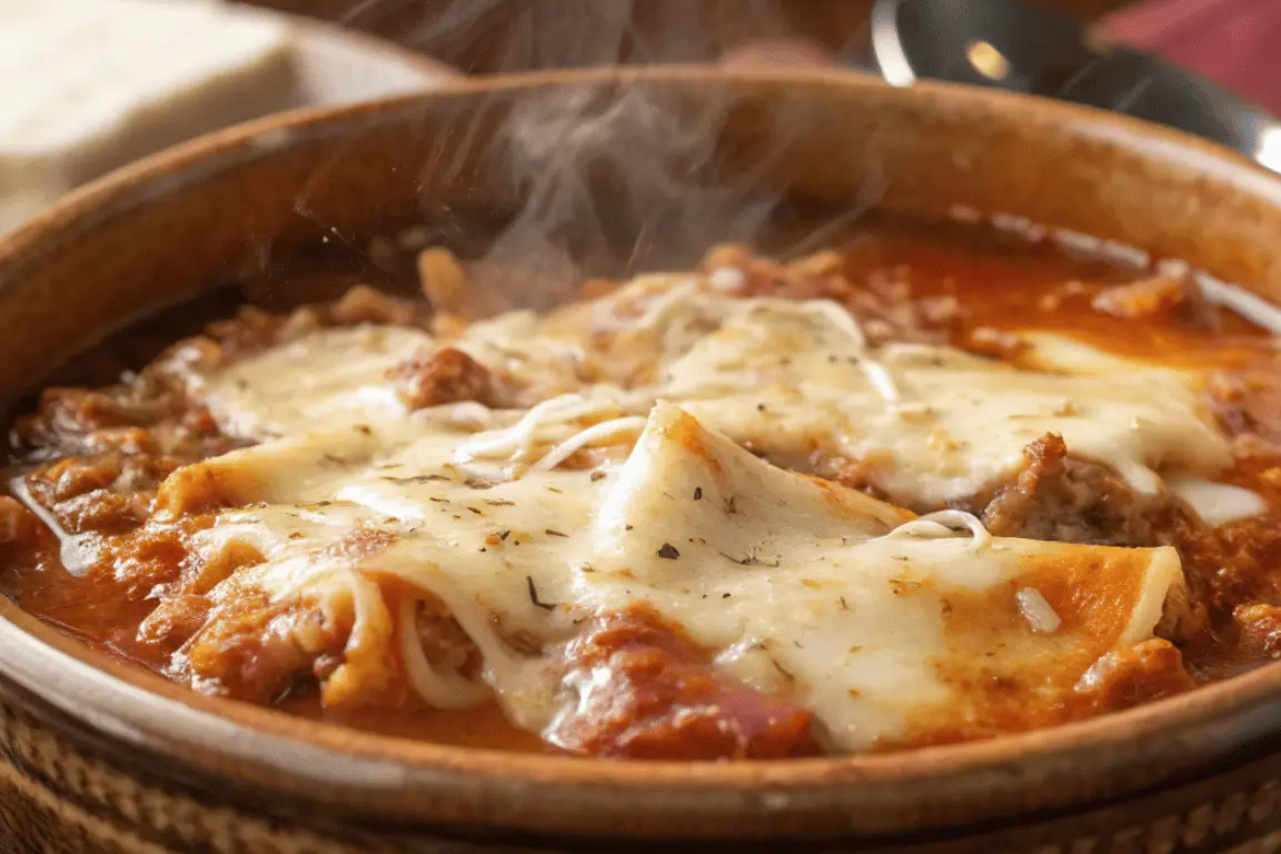 Close-up of hearty turkey lasagna soup topped with cheese