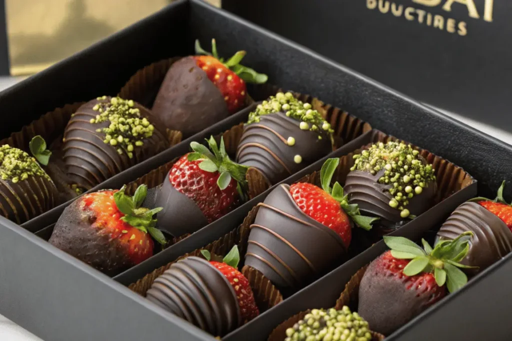Luxury boxed Dubai chocolate strawberries with edible gold and pistachios, ready for gifting