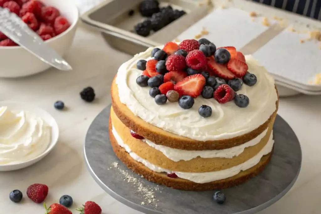 Partially assembled Publix Chantilly Cake with layers of cream and fresh berries