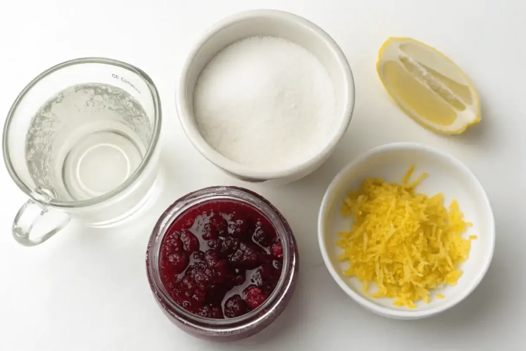 Water, sugar, berry jam, lemon zest, and lemon slice for chantilly cake berry syrup