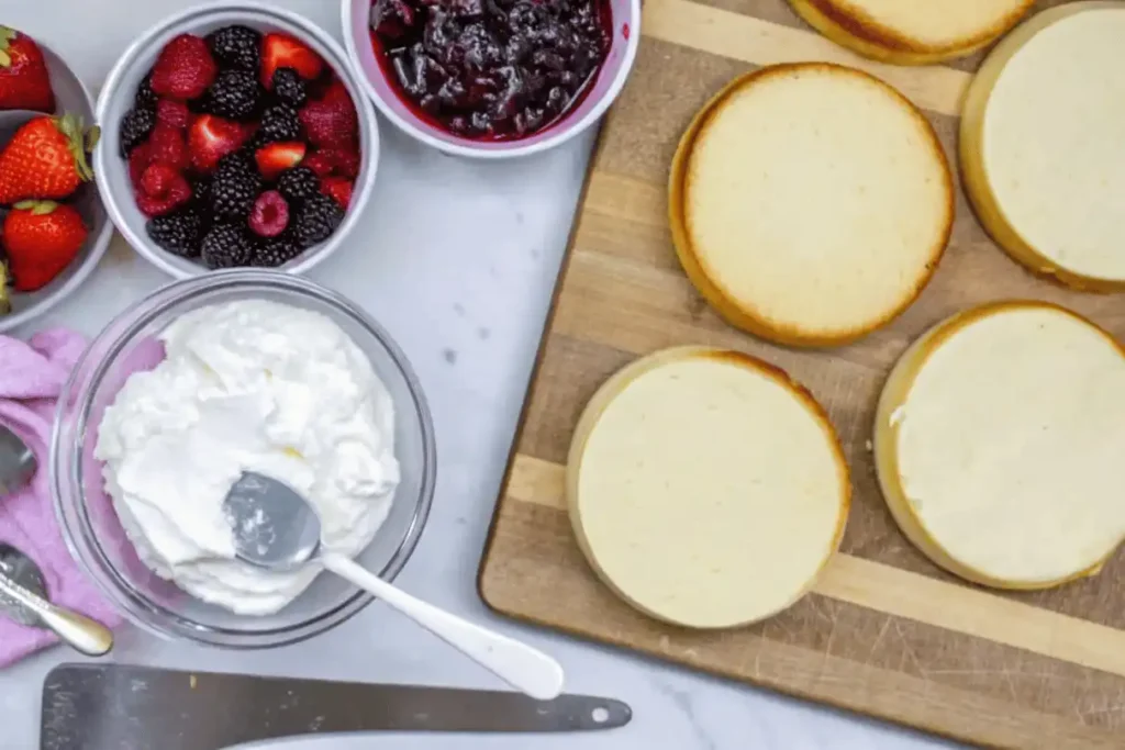 Step-by-step process of assembling a berry chantilly cake with vanilla layers and chantilly cream