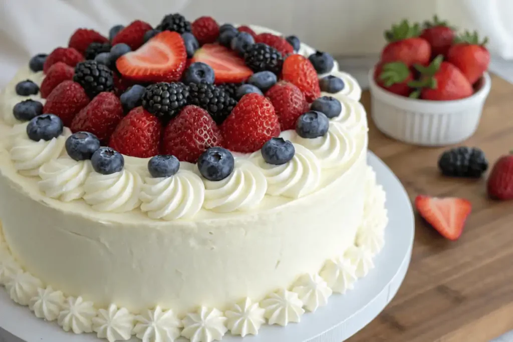 Peach and mango variations of berry chantilly cake with fridge storage setup