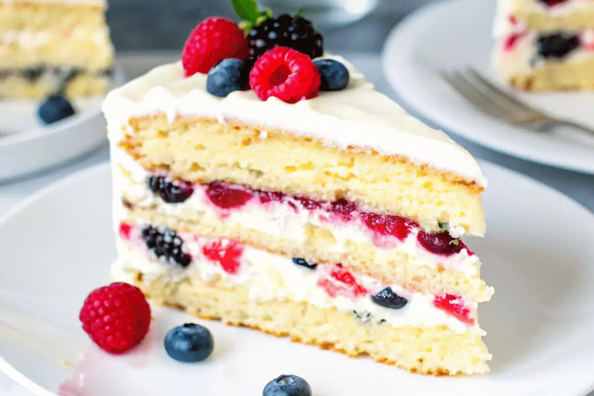 Slice of berry chantilly cake with fresh berries and mascarpone cream frosting