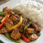 Black Pepper Chicken with rice and vibrant stir-fry vegetables on a white plate