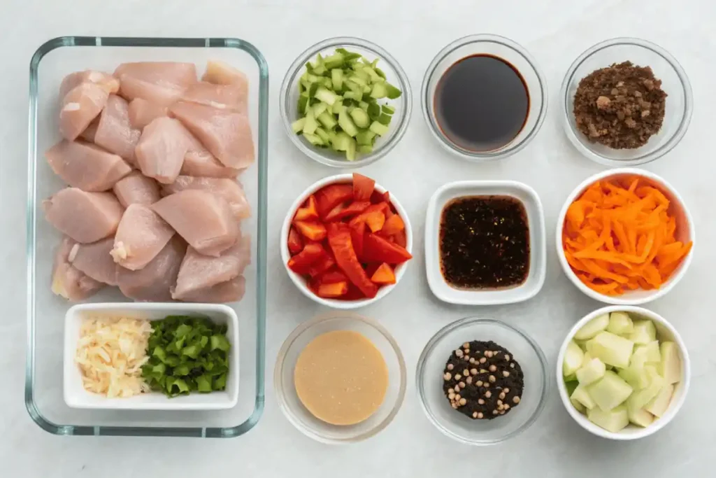 Raw ingredients for homemade Black Pepper Chicken neatly arranged on a counter