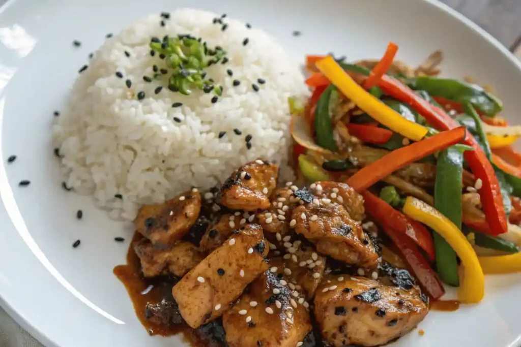 Black Pepper Chicken served with rice and colorful stir-fry veggies on a white plate