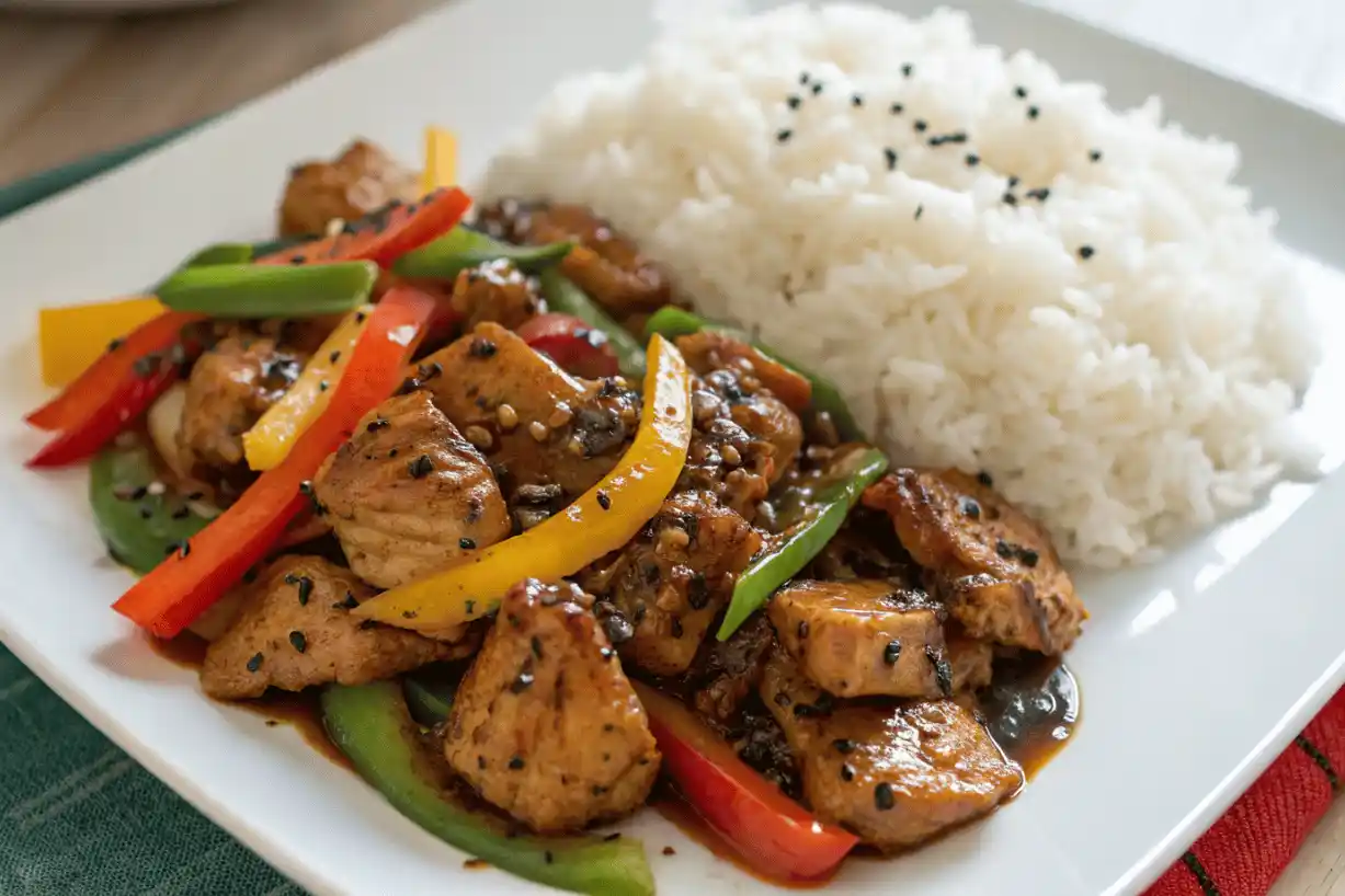 Black Pepper Chicken with rice and vibrant stir-fry vegetables on a white plate