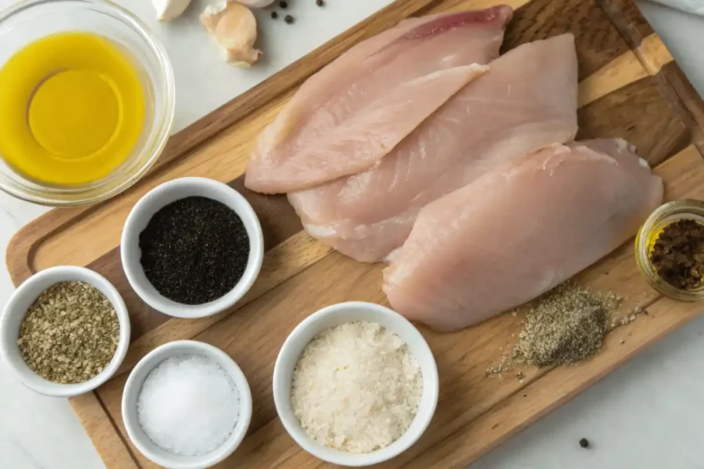 Raw chicken breasts with olive oil, salt, pepper, garlic, and spices arranged on a wooden board for Chicken Caesar Wrap preparation