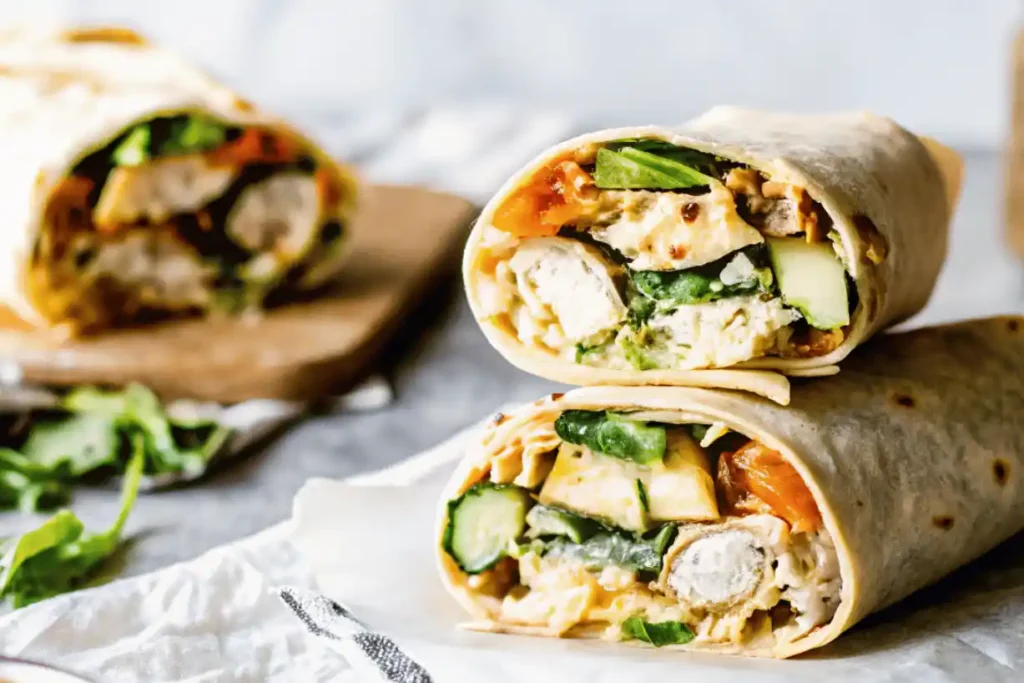 Chicken Caesar Wrap cut in half showing grilled chicken, greens, avocado, and creamy dressing inside a soft tortilla