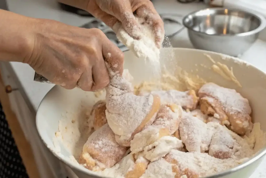 Chicken coated in cornstarch before stir-frying for crispy texture